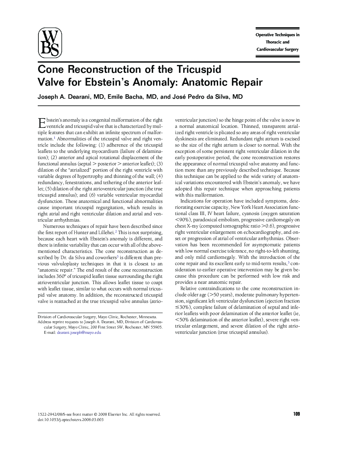 Cone Reconstruction of the Tricuspid Valve for Ebstein's Anomaly: Anatomic Repair