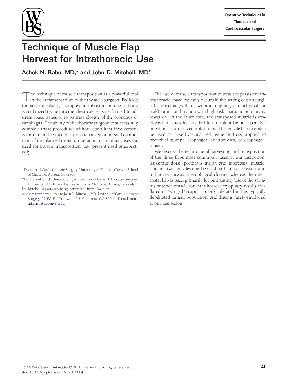 Technique of Muscle Flap Harvest for Intrathoracic Use