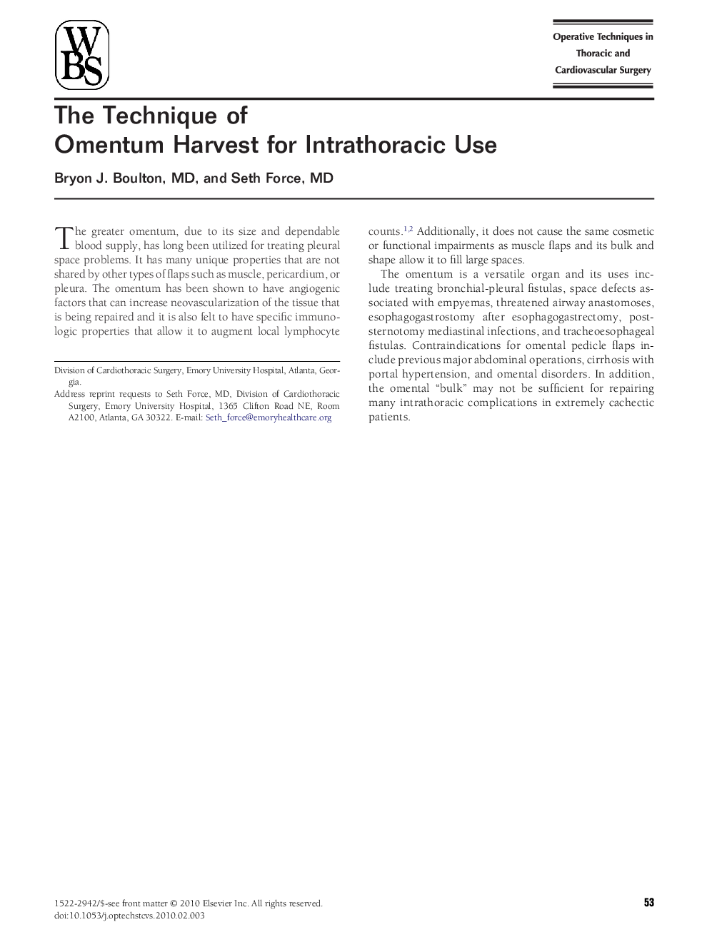 The Technique of Omentum Harvest for Intrathoracic Use