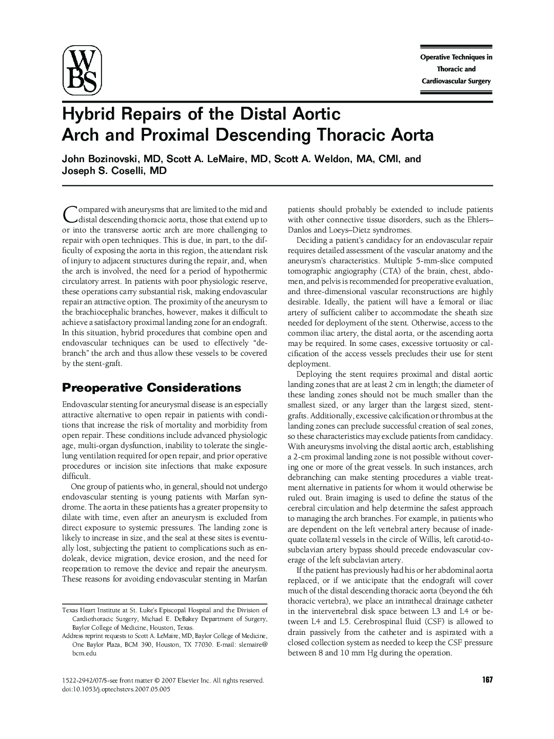 Hybrid Repairs of the Distal Aortic Arch and Proximal Descending Thoracic Aorta