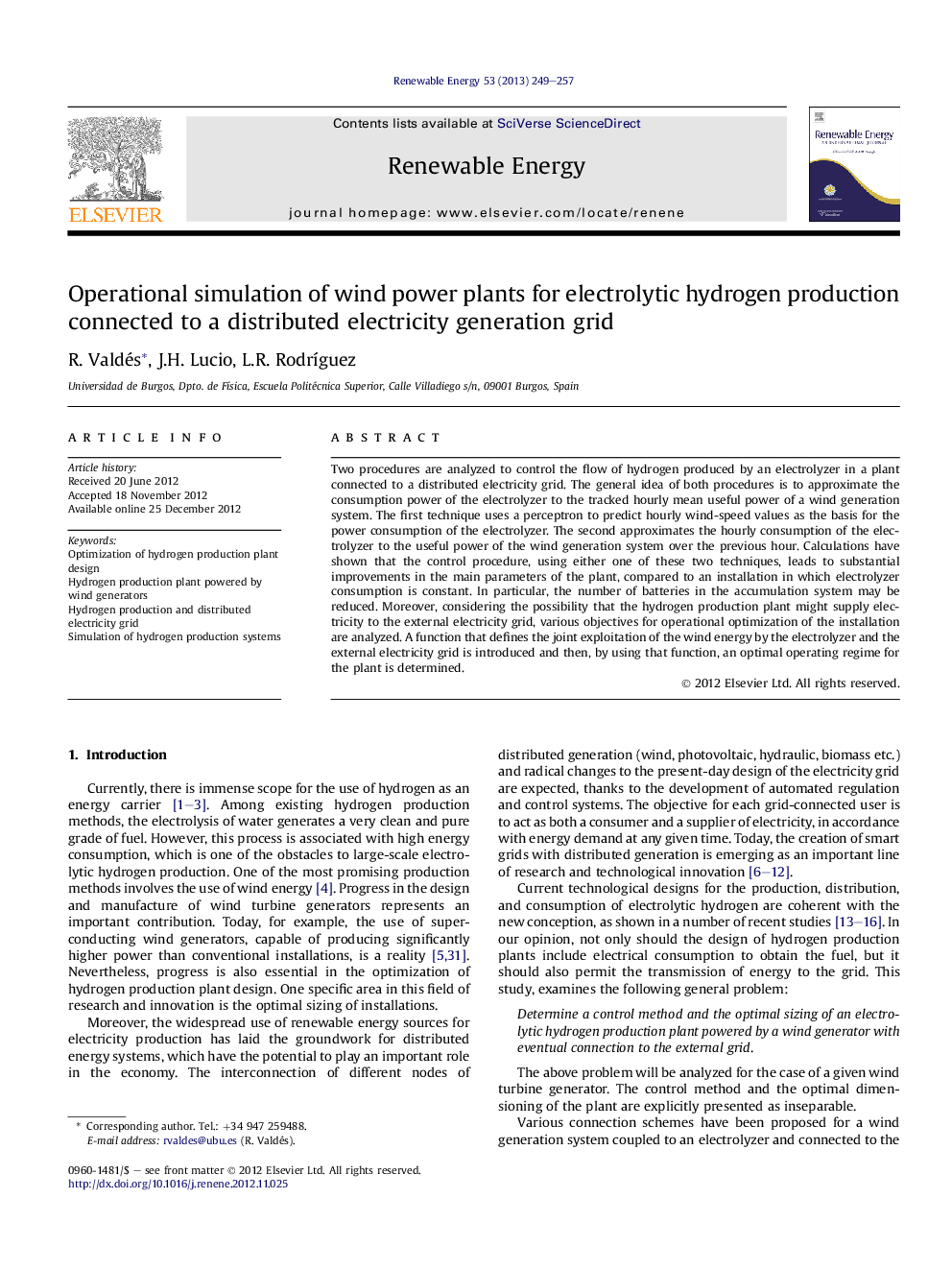 Operational simulation of wind power plants for electrolytic hydrogen production connected to a distributed electricity generation grid
