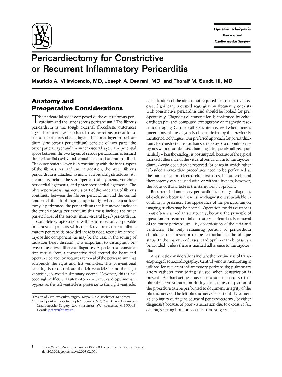 Pericardiectomy for Constrictive or Recurrent Inflammatory Pericarditis