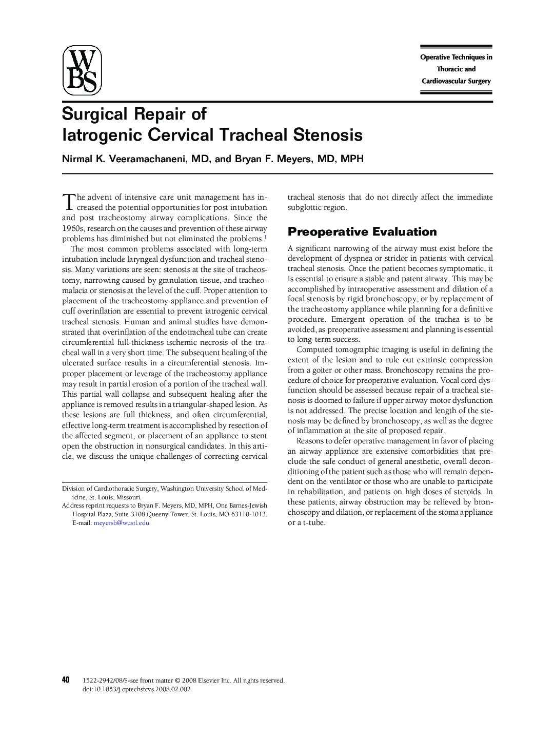 Surgical Repair of Iatrogenic Cervical Tracheal Stenosis