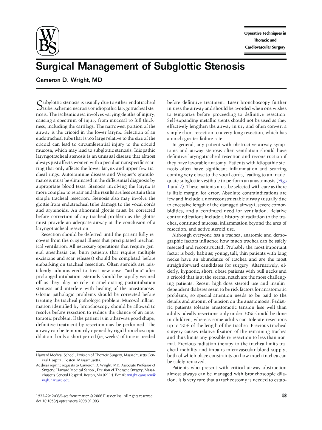 Surgical Management of Subglottic Stenosis