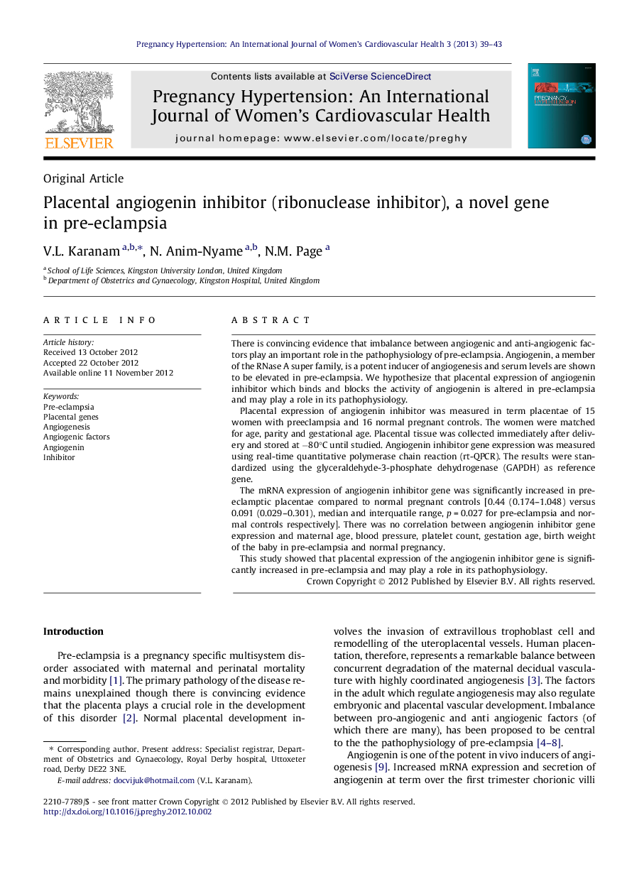 Placental angiogenin inhibitor (ribonuclease inhibitor), a novel gene in pre-eclampsia