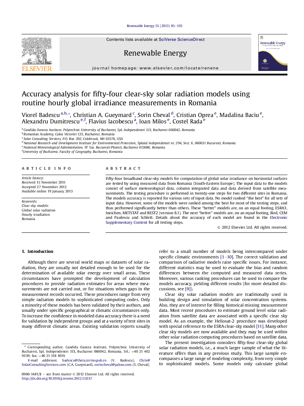 Accuracy analysis for fifty-four clear-sky solar radiation models using routine hourly global irradiance measurements in Romania