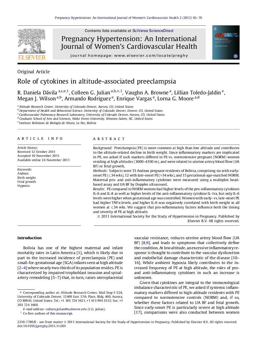 Role of cytokines in altitude-associated preeclampsia