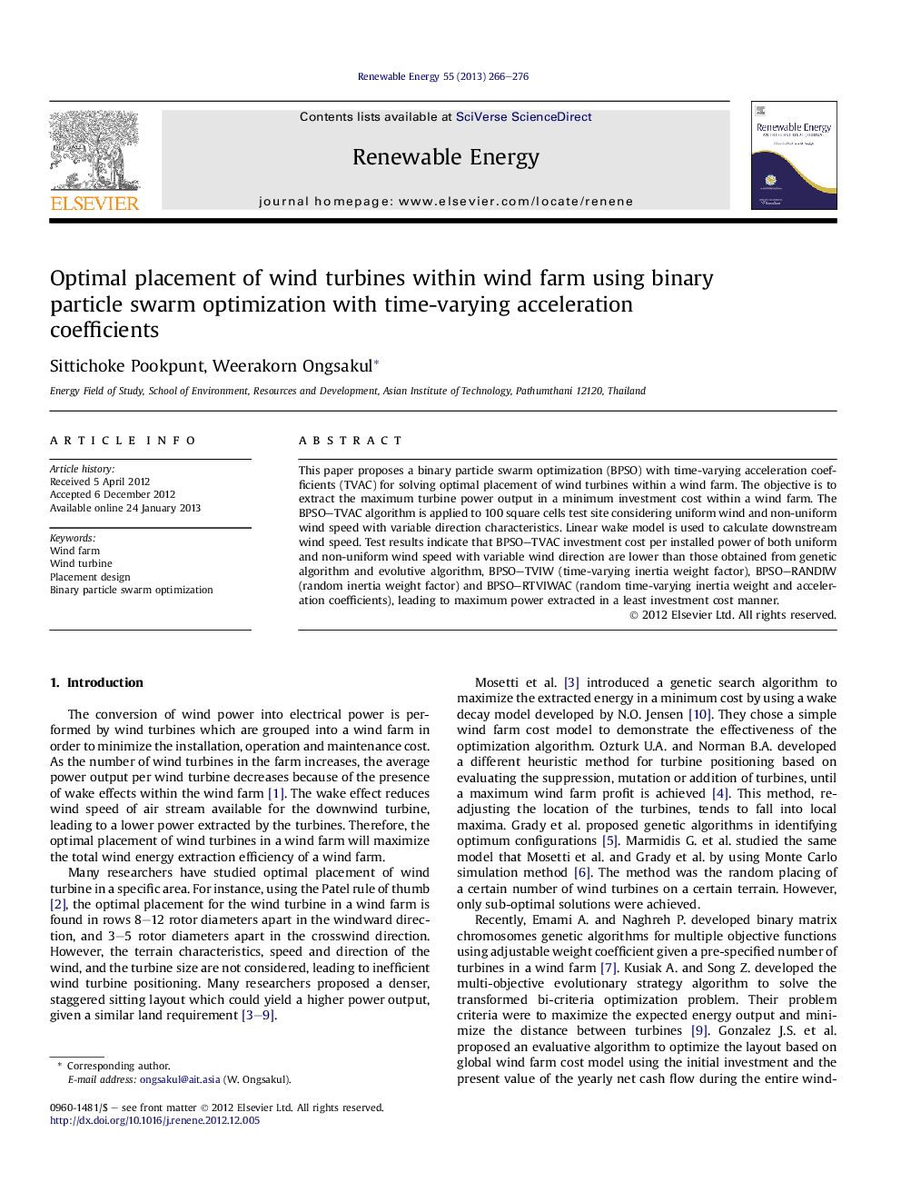 Optimal placement of wind turbines within wind farm using binary particle swarm optimization with time-varying acceleration coefficients