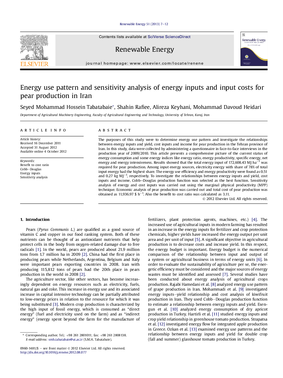 Energy use pattern and sensitivity analysis of energy inputs and input costs for pear production in Iran