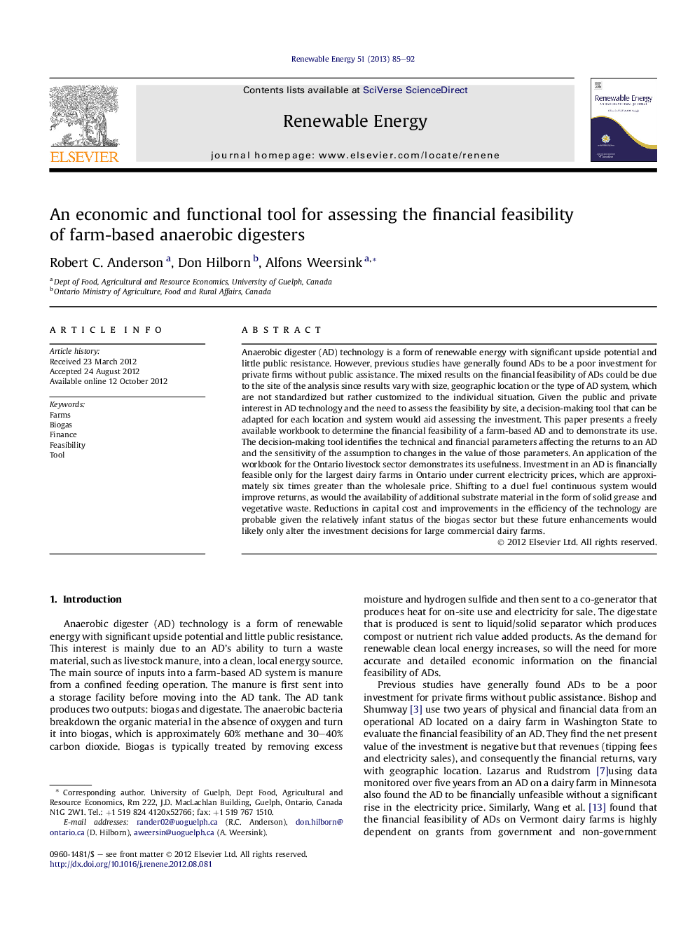 An economic and functional tool for assessing the financial feasibility of farm-based anaerobic digesters