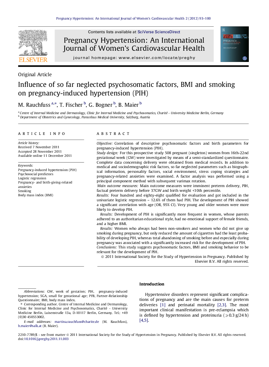 Influence of so far neglected psychosomatic factors, BMI and smoking on pregnancy-induced hypertension (PIH)