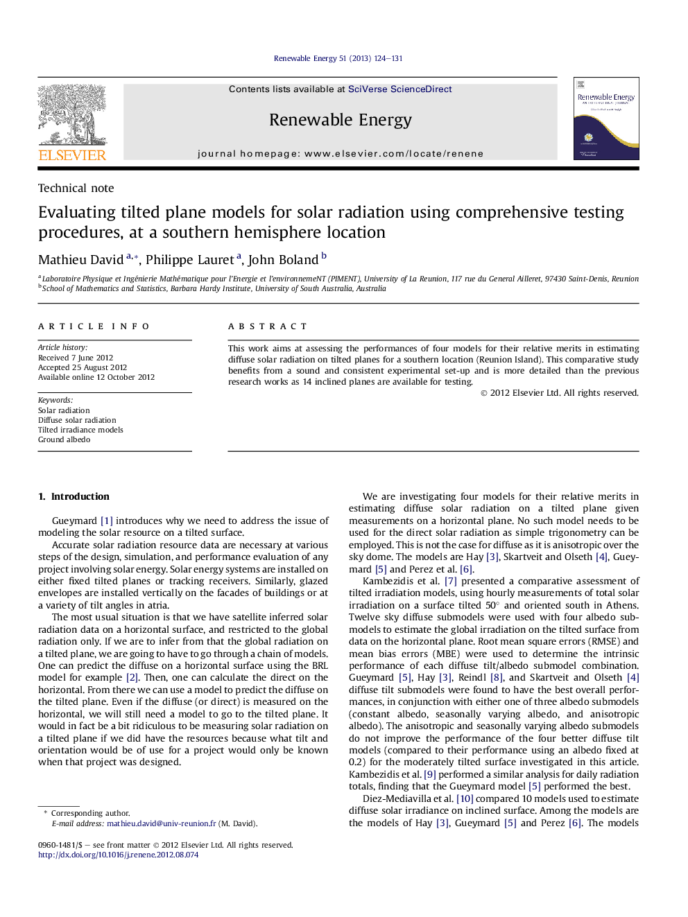 Evaluating tilted plane models for solar radiation using comprehensive testing procedures, at a southern hemisphere location