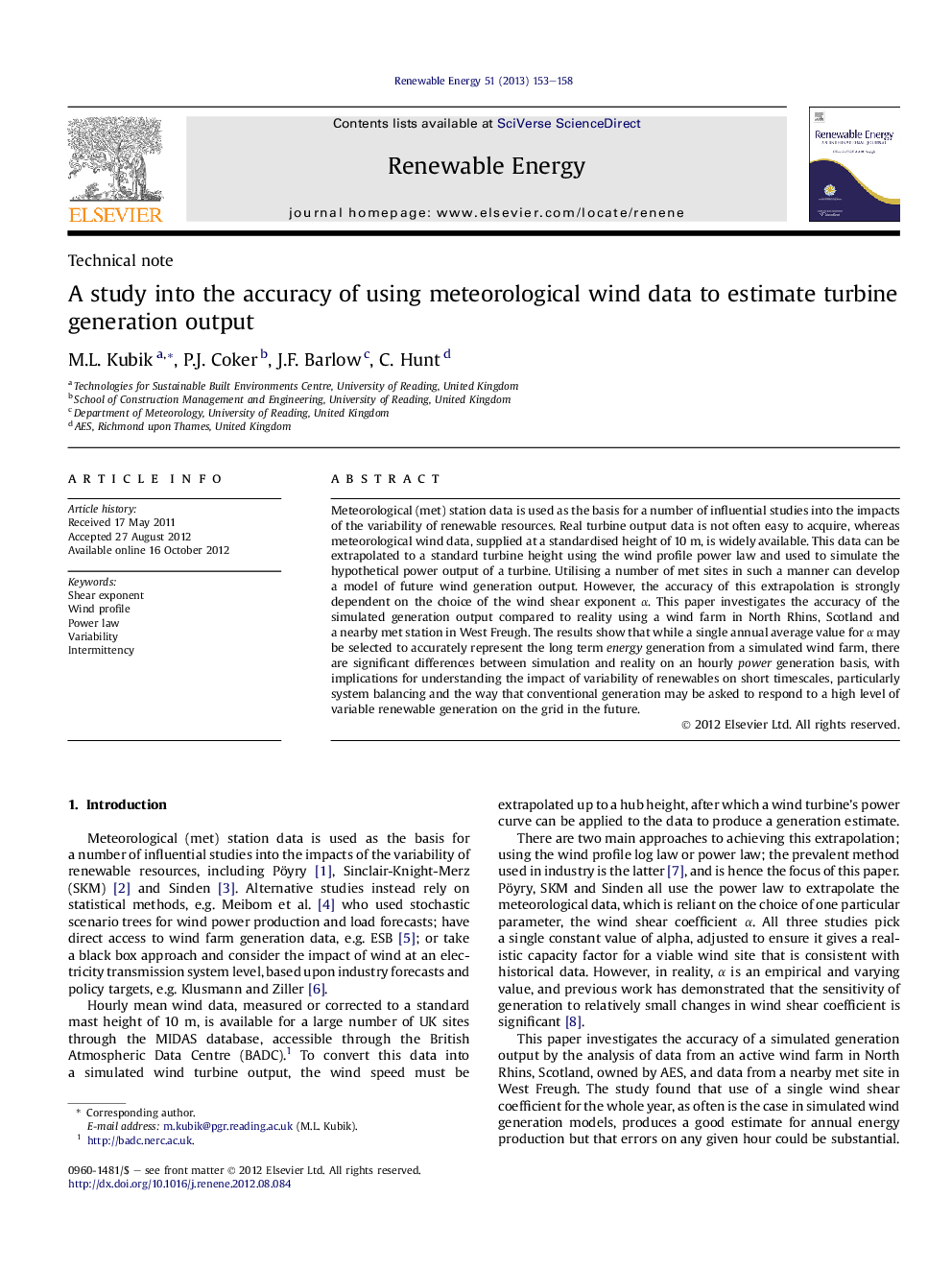 A study into the accuracy of using meteorological wind data to estimate turbine generation output