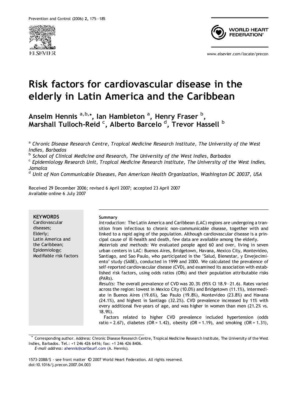 Risk factors for cardiovascular disease in the elderly in Latin America and the Caribbean