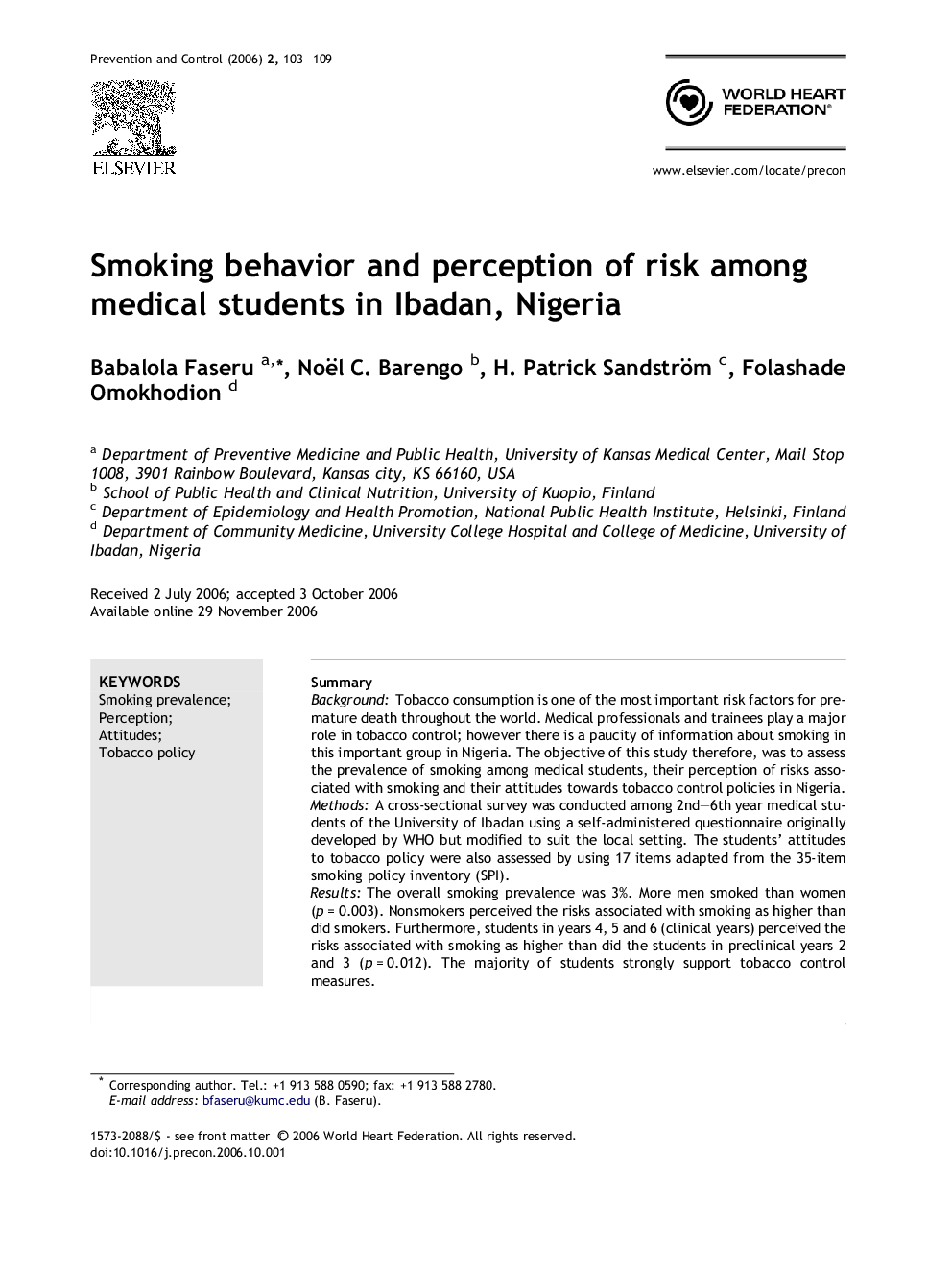 Smoking behavior and perception of risk among medical students in Ibadan, Nigeria