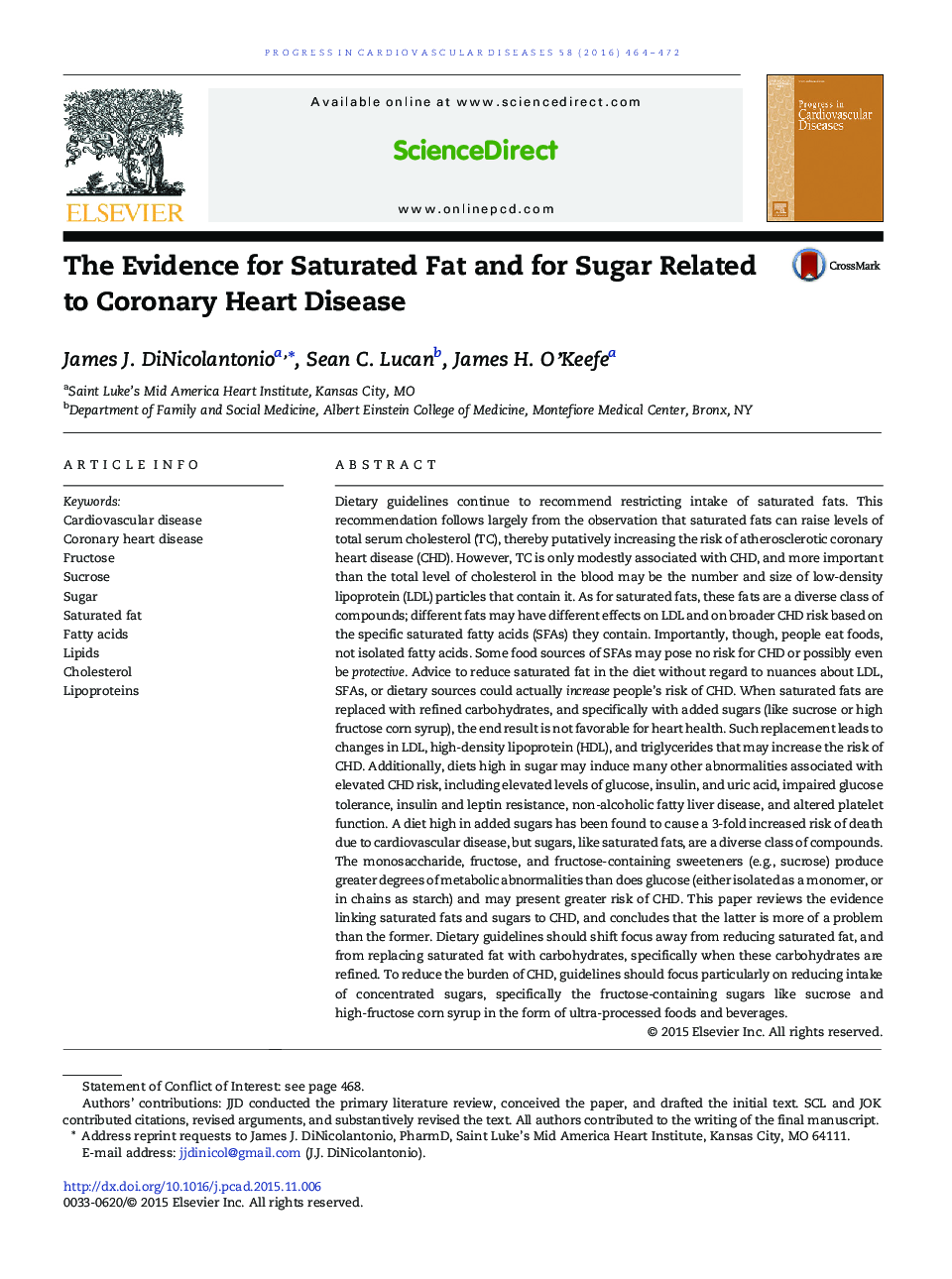 The Evidence for Saturated Fat and for Sugar Related to Coronary Heart Disease 