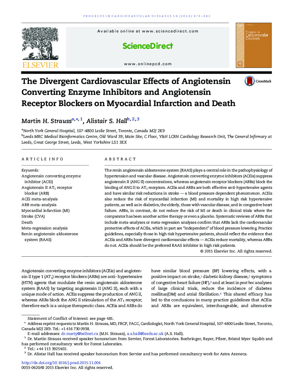 The Divergent Cardiovascular Effects of Angiotensin Converting Enzyme Inhibitors and Angiotensin Receptor Blockers on Myocardial Infarction and Death 