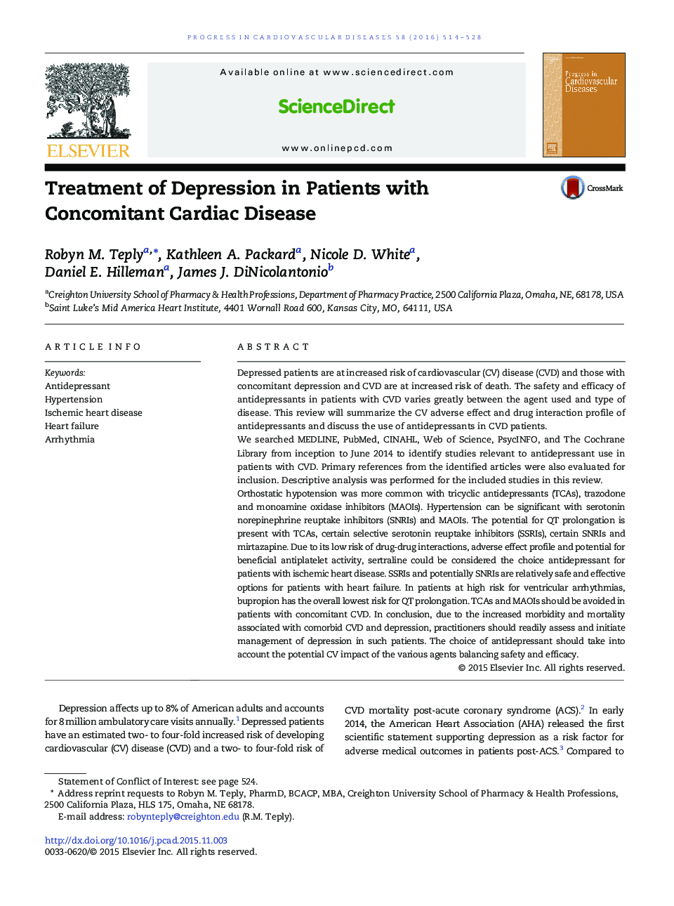 Treatment of Depression in Patients with Concomitant Cardiac Disease 