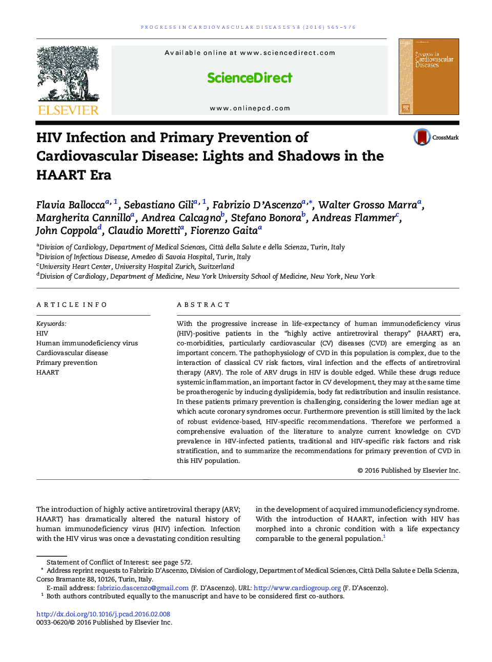 HIV Infection and Primary Prevention of Cardiovascular Disease: Lights and Shadows in the HAART Era 