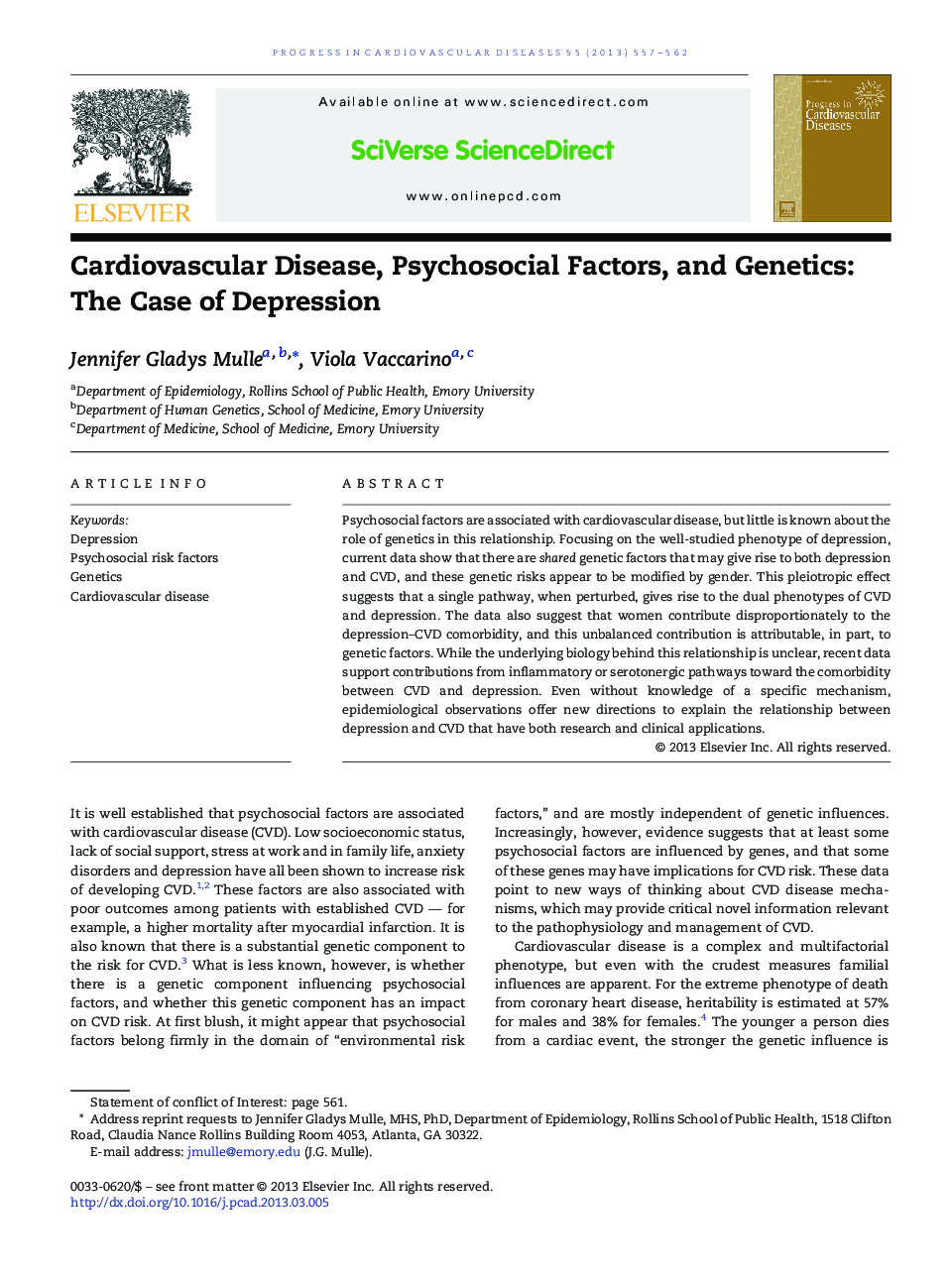 Cardiovascular Disease, Psychosocial Factors, and Genetics: The Case of Depression 
