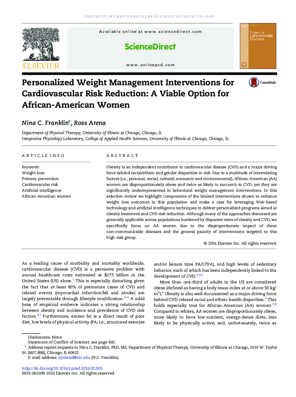 Personalized Weight Management Interventions for Cardiovascular Risk Reduction: A Viable Option for African-American Women 