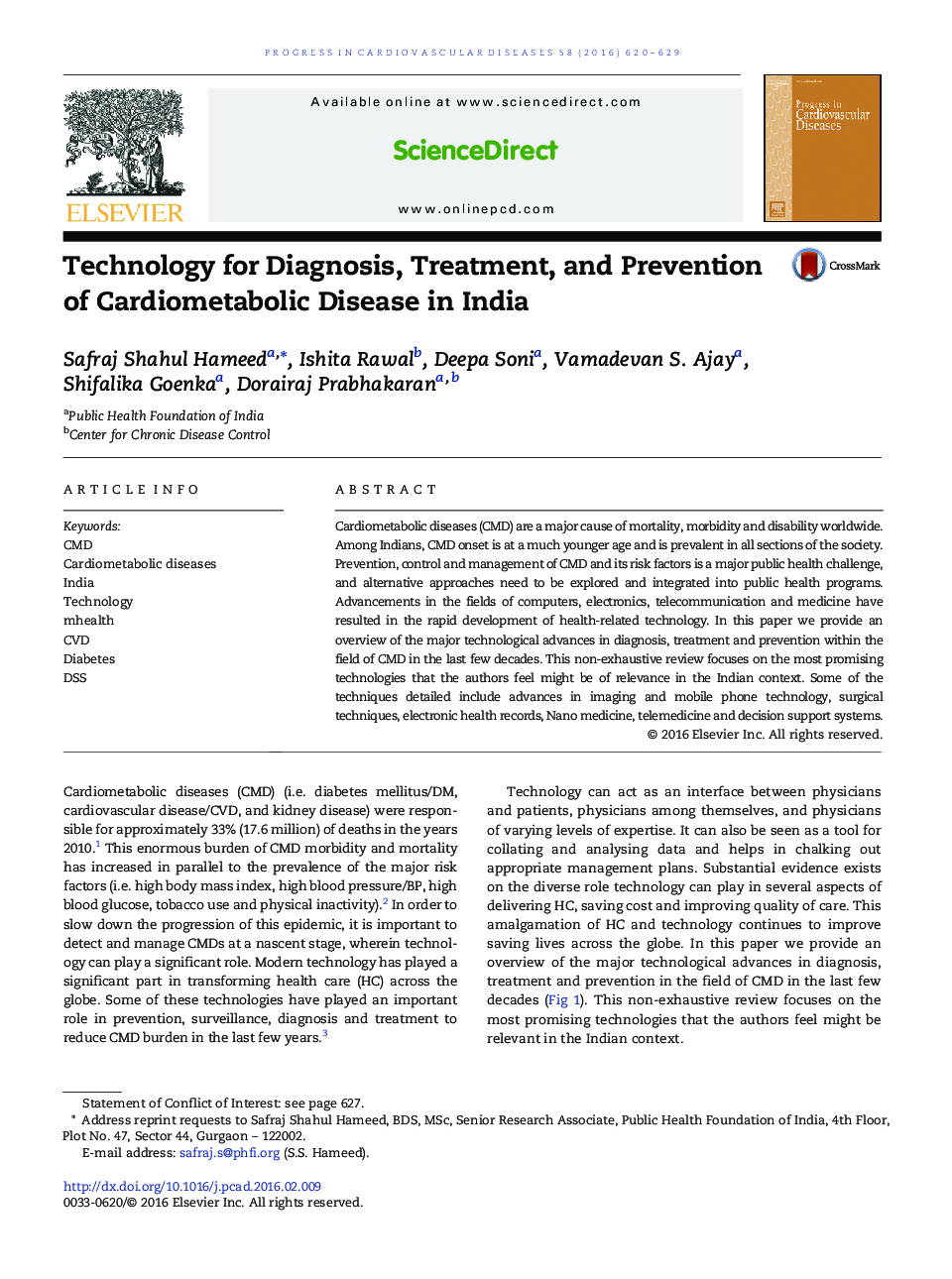 Technology for Diagnosis, Treatment, and Prevention of Cardiometabolic Disease in India 