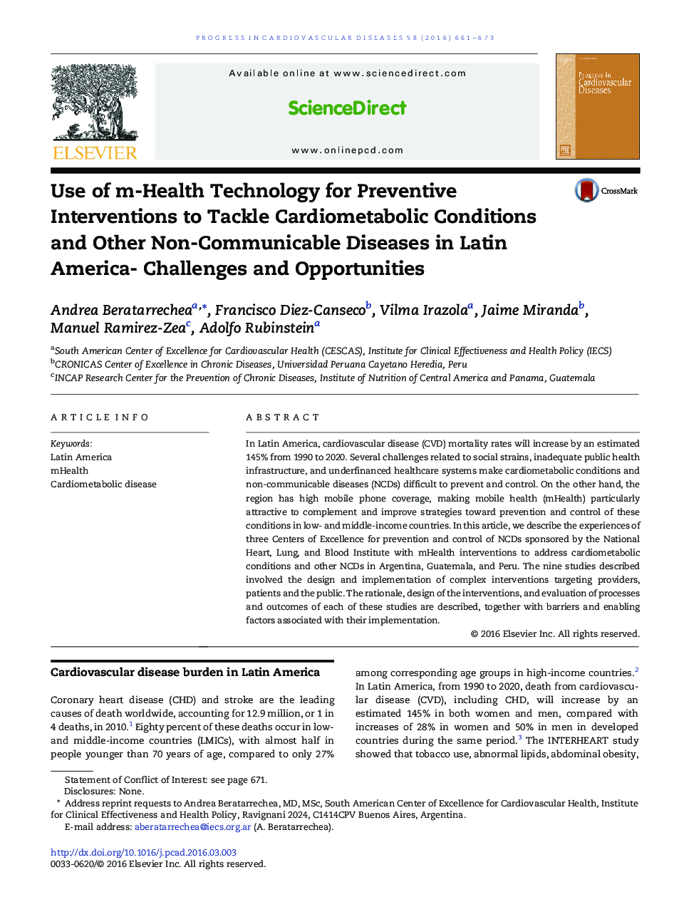 Use of m-Health Technology for Preventive Interventions to Tackle Cardiometabolic Conditions and Other Non-Communicable Diseases in Latin America- Challenges and Opportunities 