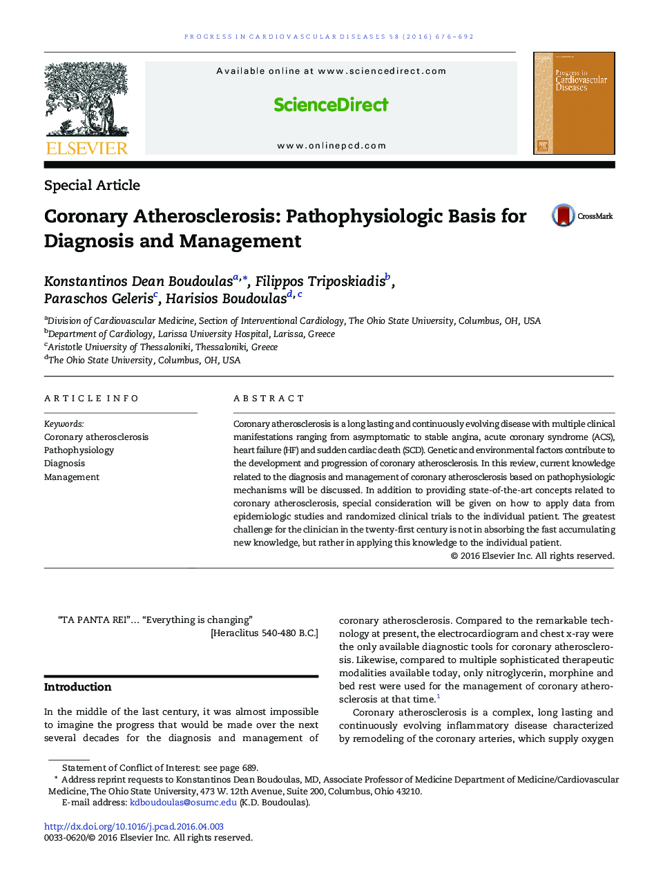 Coronary Atherosclerosis: Pathophysiologic Basis for Diagnosis and Management 