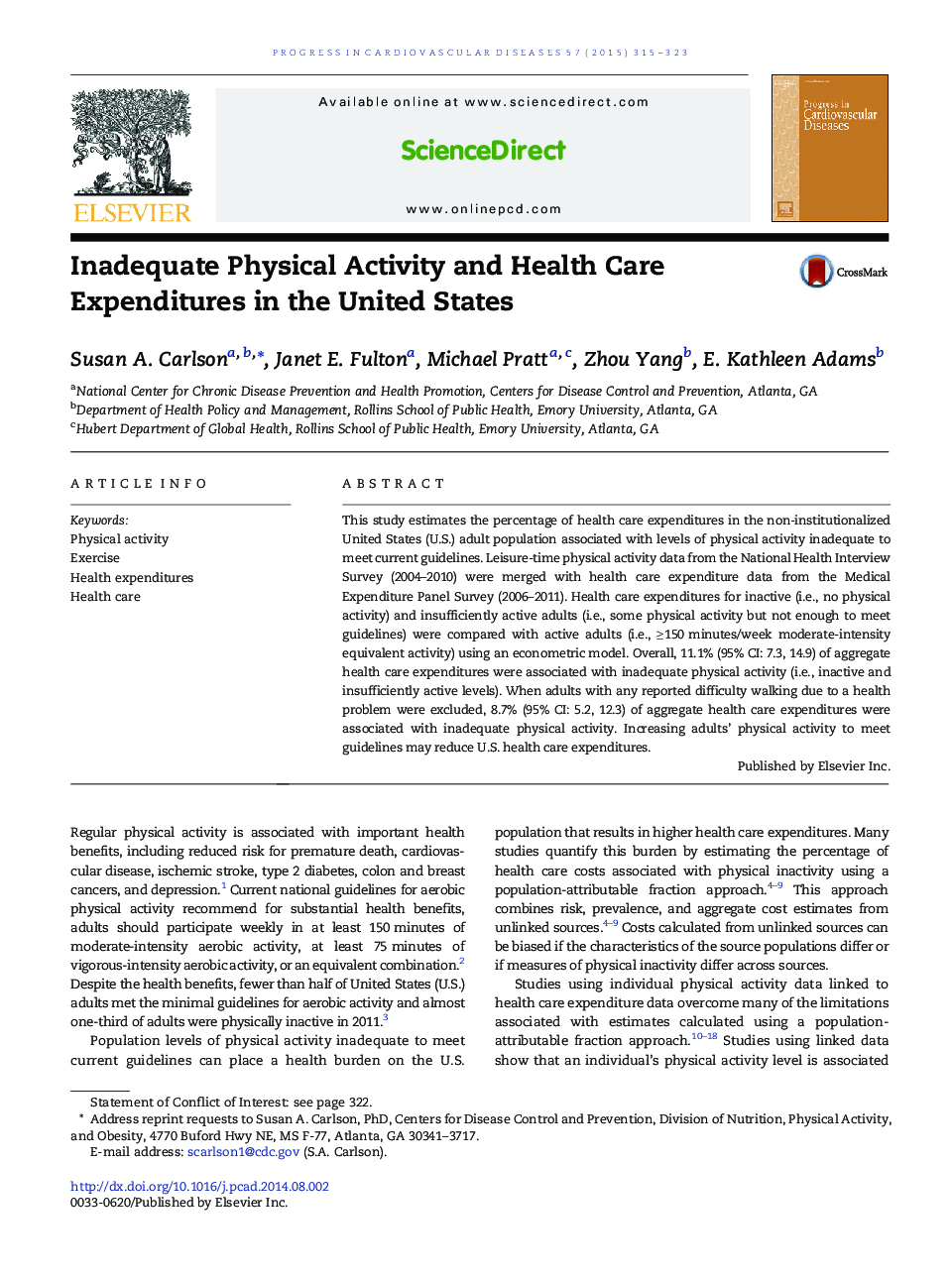 Inadequate Physical Activity and Health Care Expenditures in the United States 