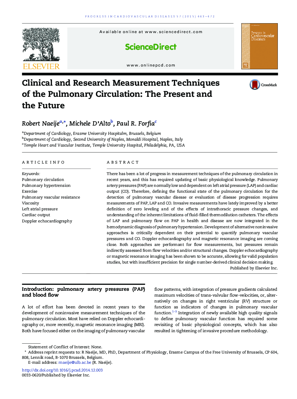 Clinical and Research Measurement Techniques of the Pulmonary Circulation: The Present and the Future 
