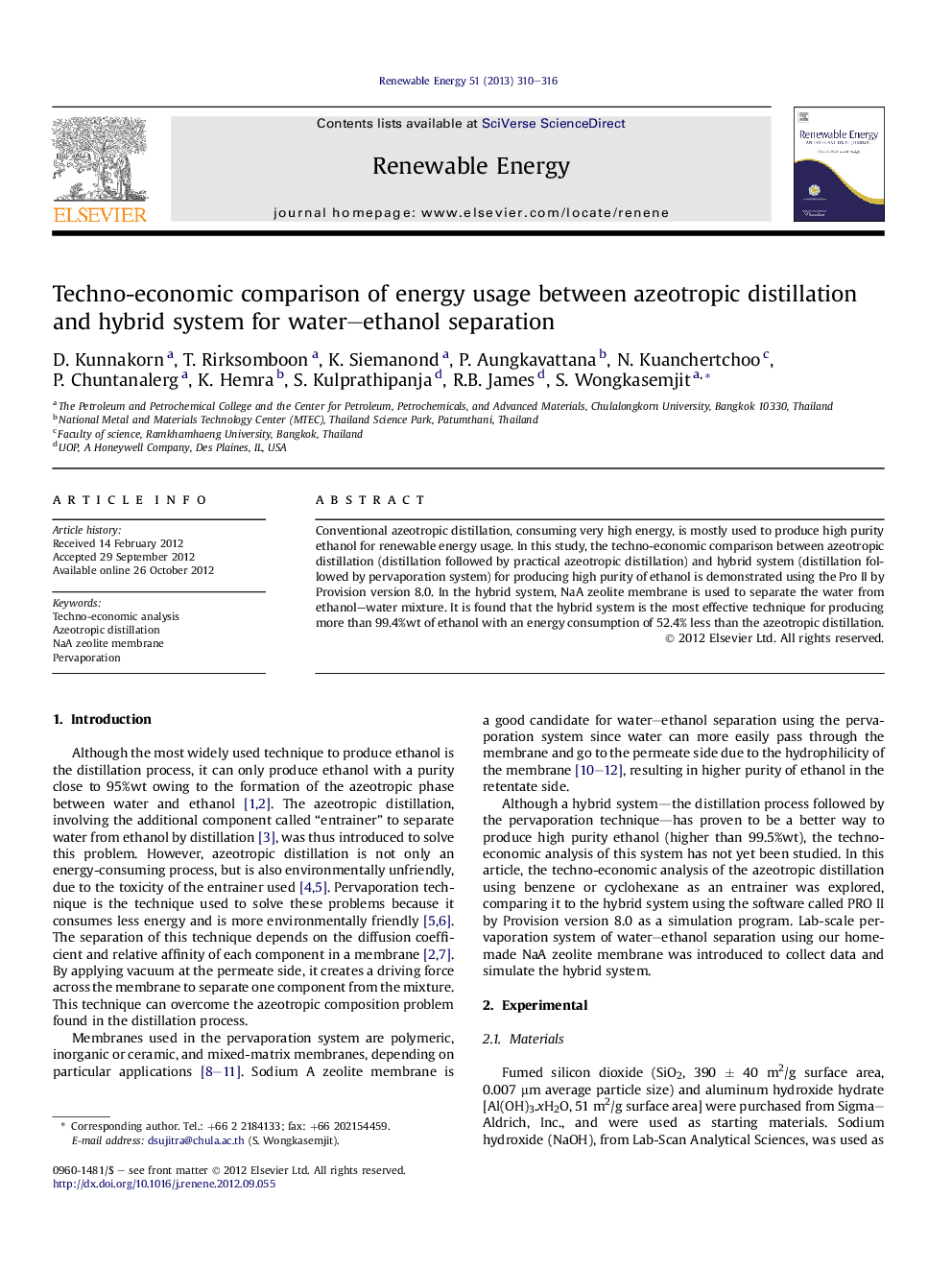 Techno-economic comparison of energy usage between azeotropic distillation and hybrid system for water–ethanol separation