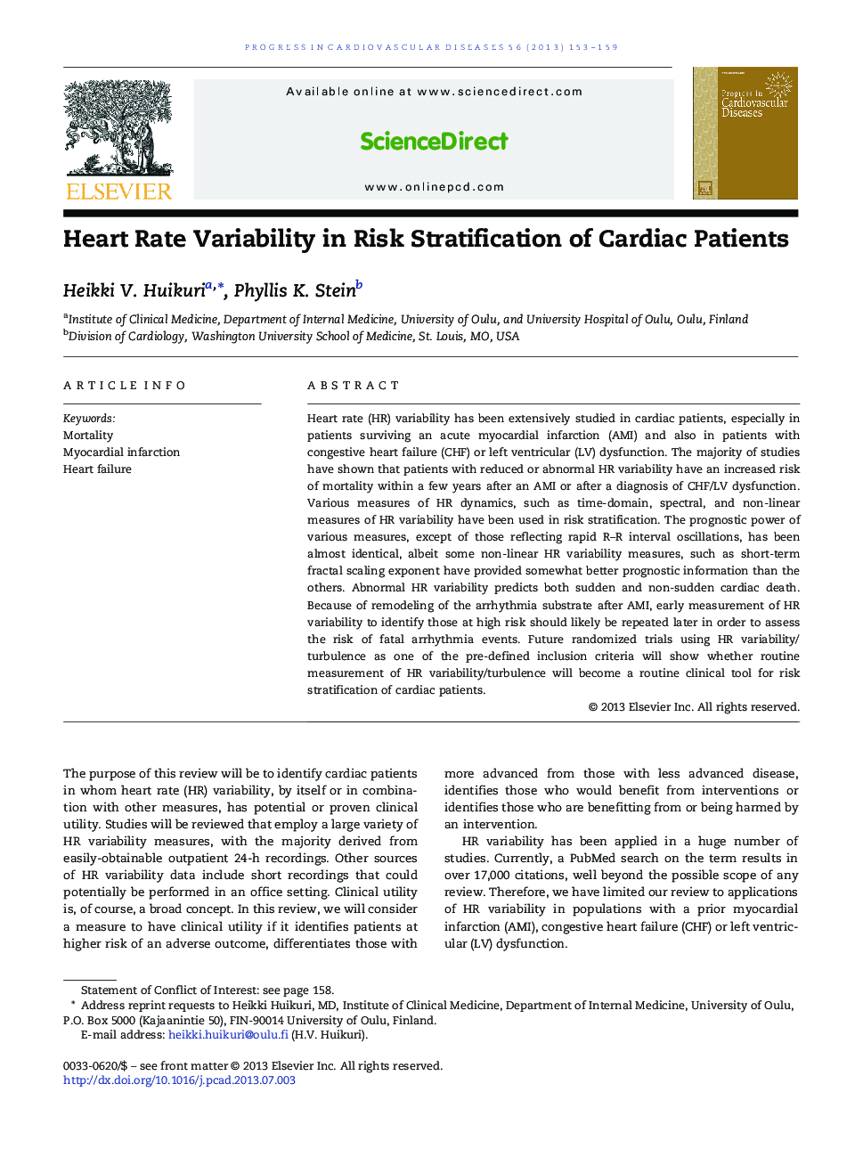 Heart Rate Variability in Risk Stratification of Cardiac Patients 