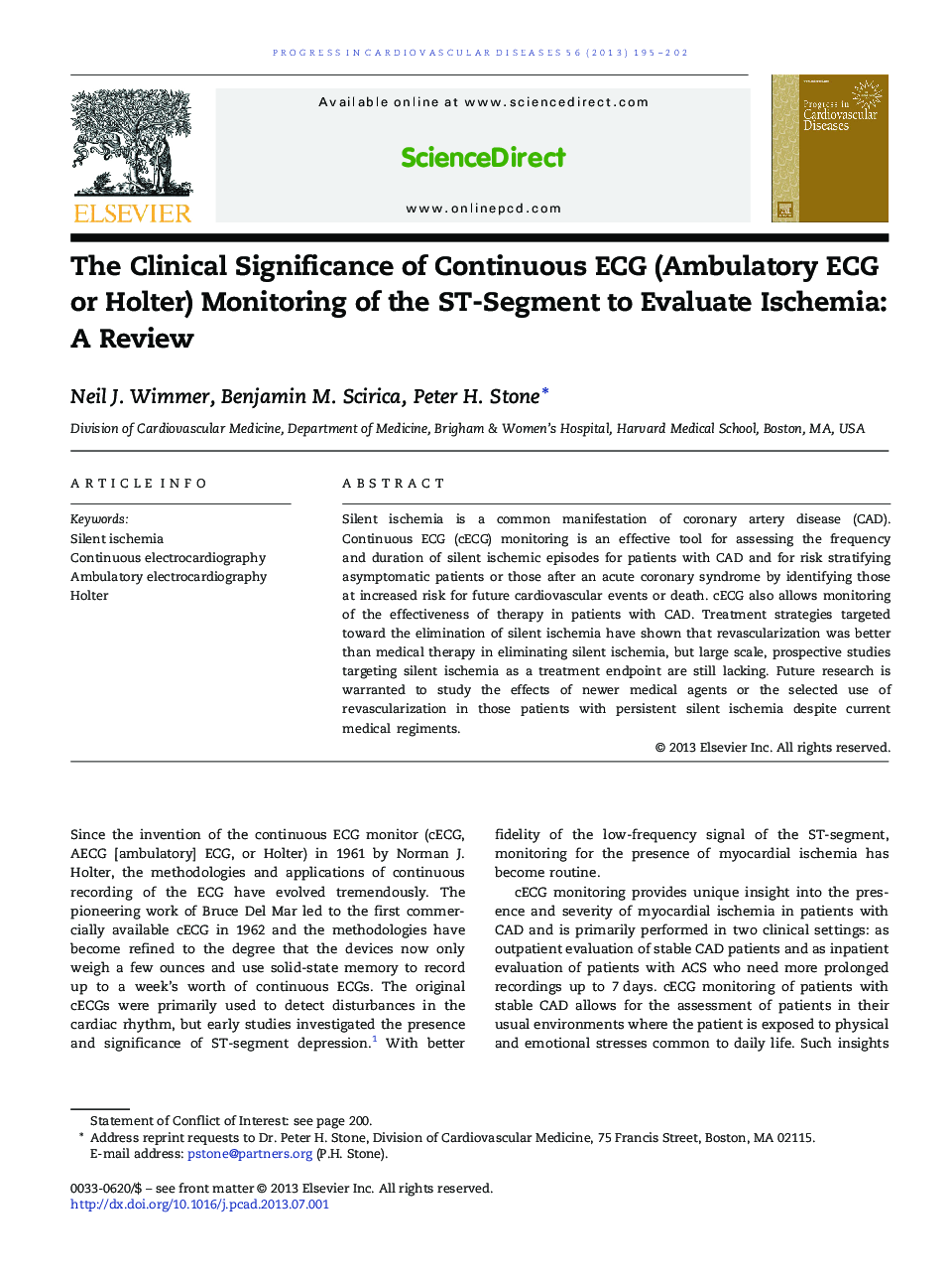 The Clinical Significance of Continuous ECG (Ambulatory ECG or Holter) Monitoring of the ST-Segment to Evaluate Ischemia: A Review 