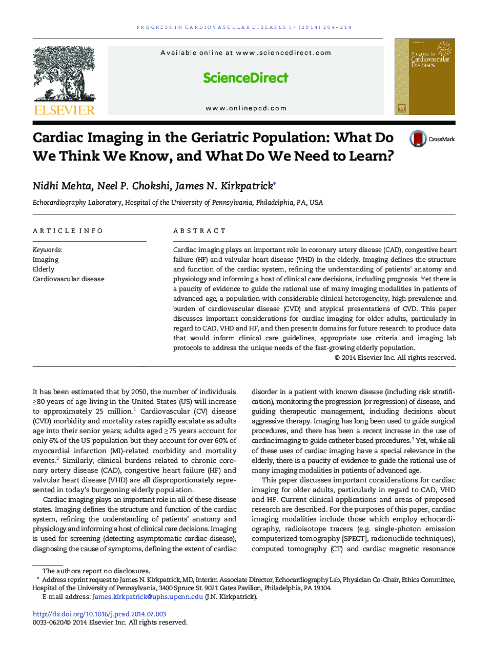 Cardiac Imaging in the Geriatric Population: What Do We Think We Know, and What Do We Need to Learn? 