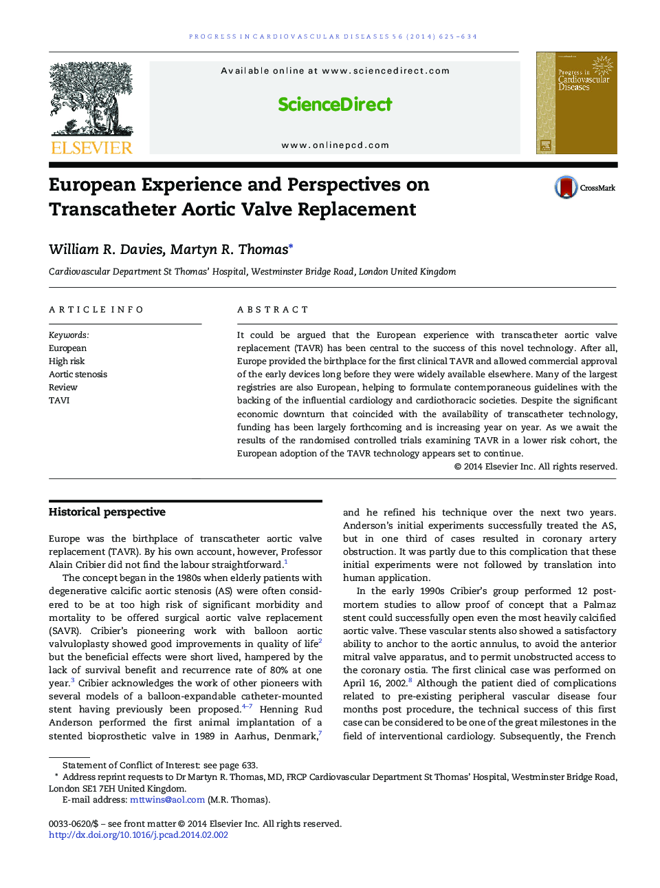 European Experience and Perspectives on Transcatheter Aortic Valve Replacement 