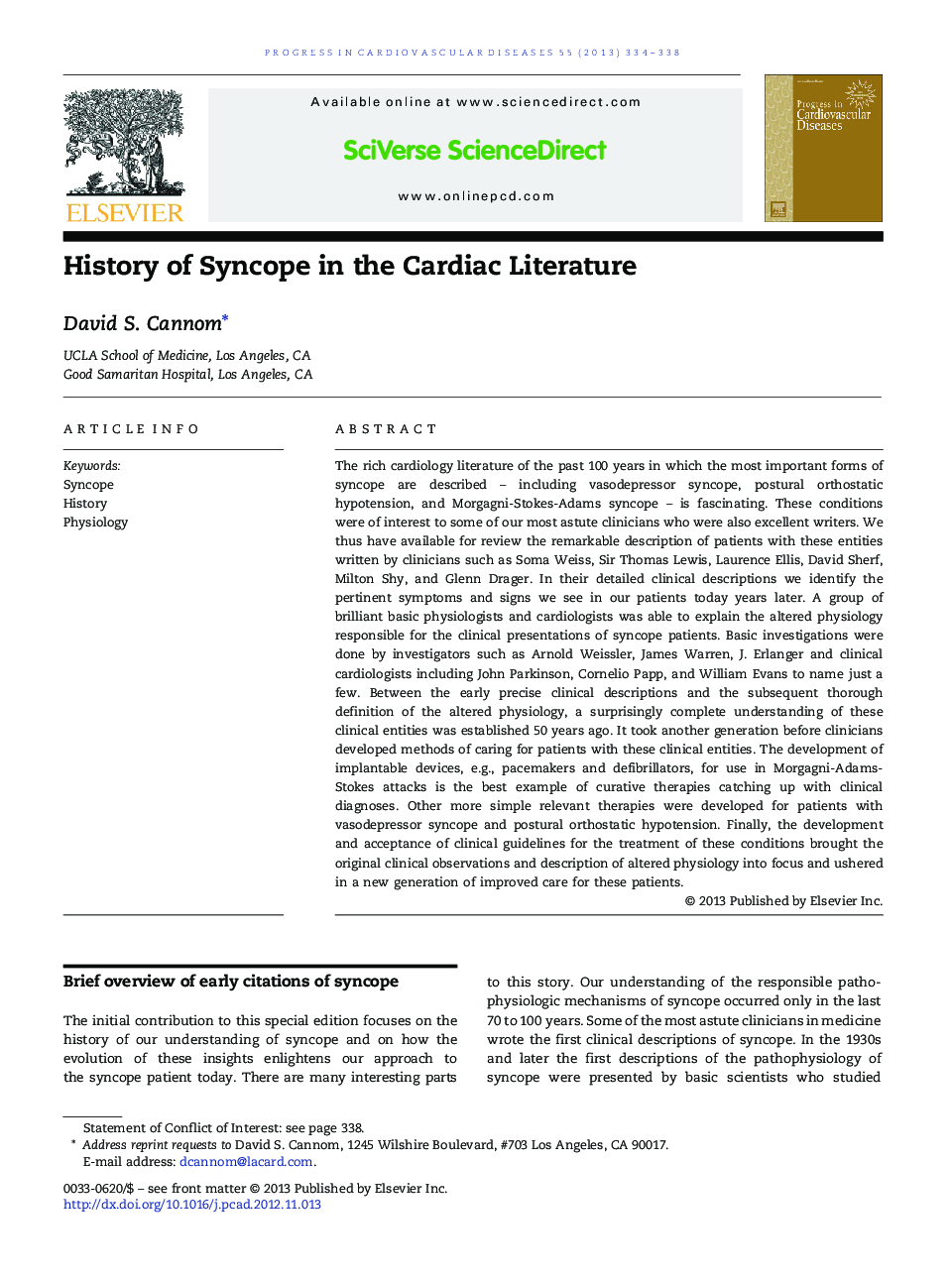 History of Syncope in the Cardiac Literature 