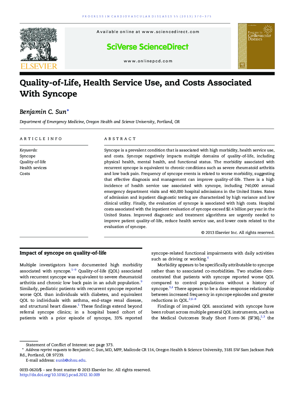 Quality-of-Life, Health Service Use, and Costs Associated With Syncope 