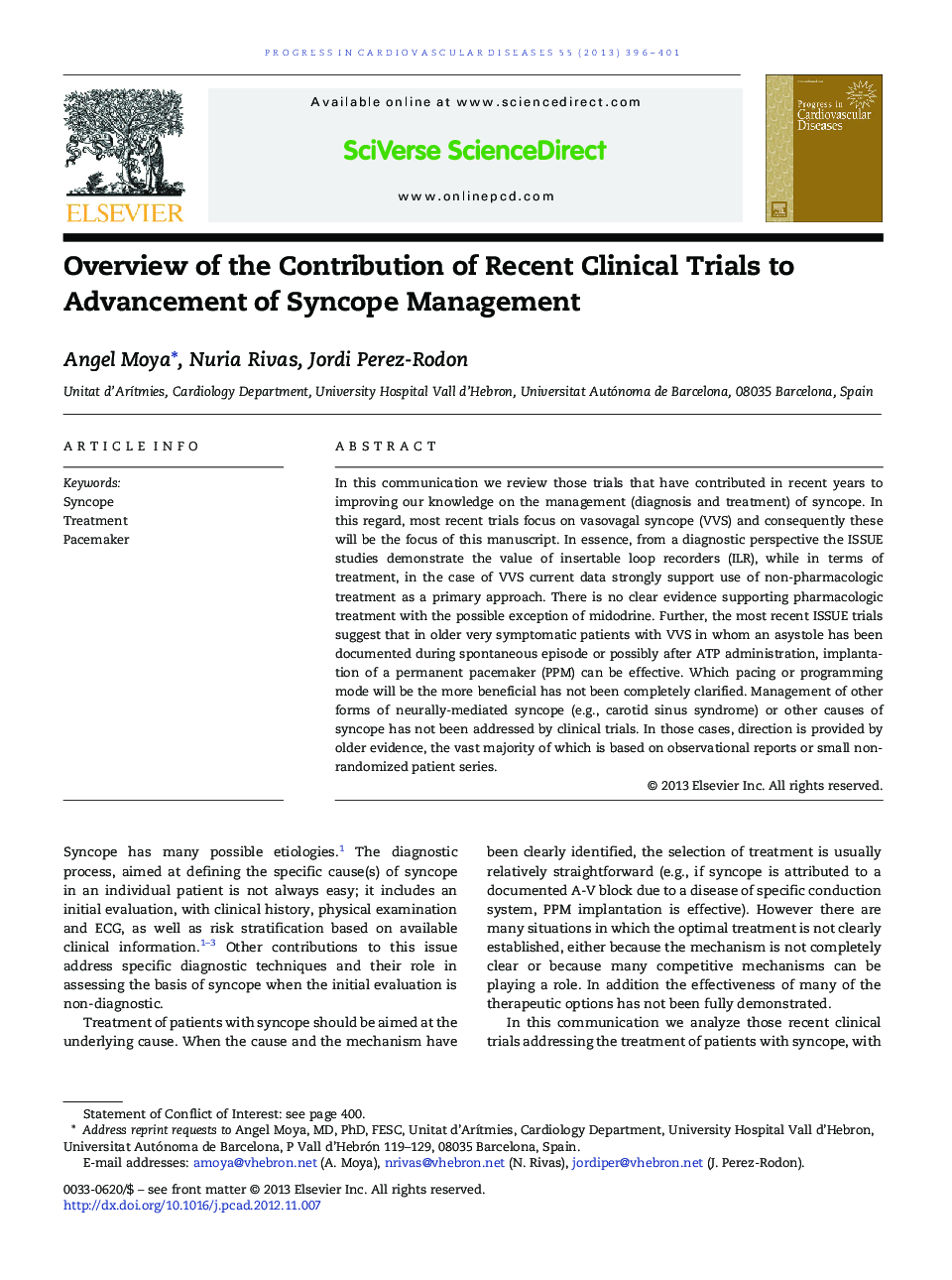 Overview of the Contribution of Recent Clinical Trials to Advancement of Syncope Management 