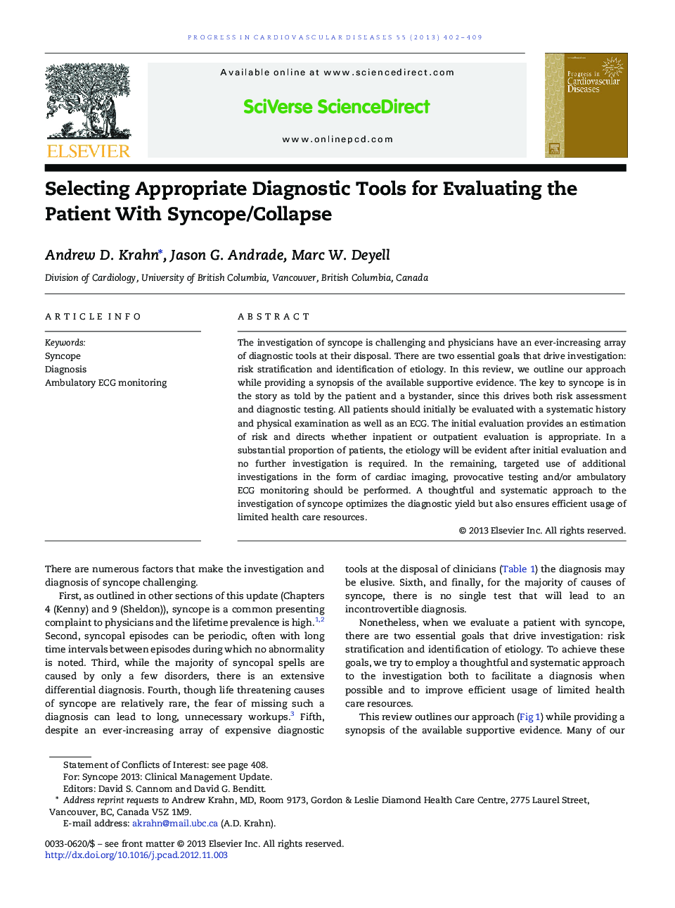 Selecting Appropriate Diagnostic Tools for Evaluating the Patient With Syncope/Collapse 