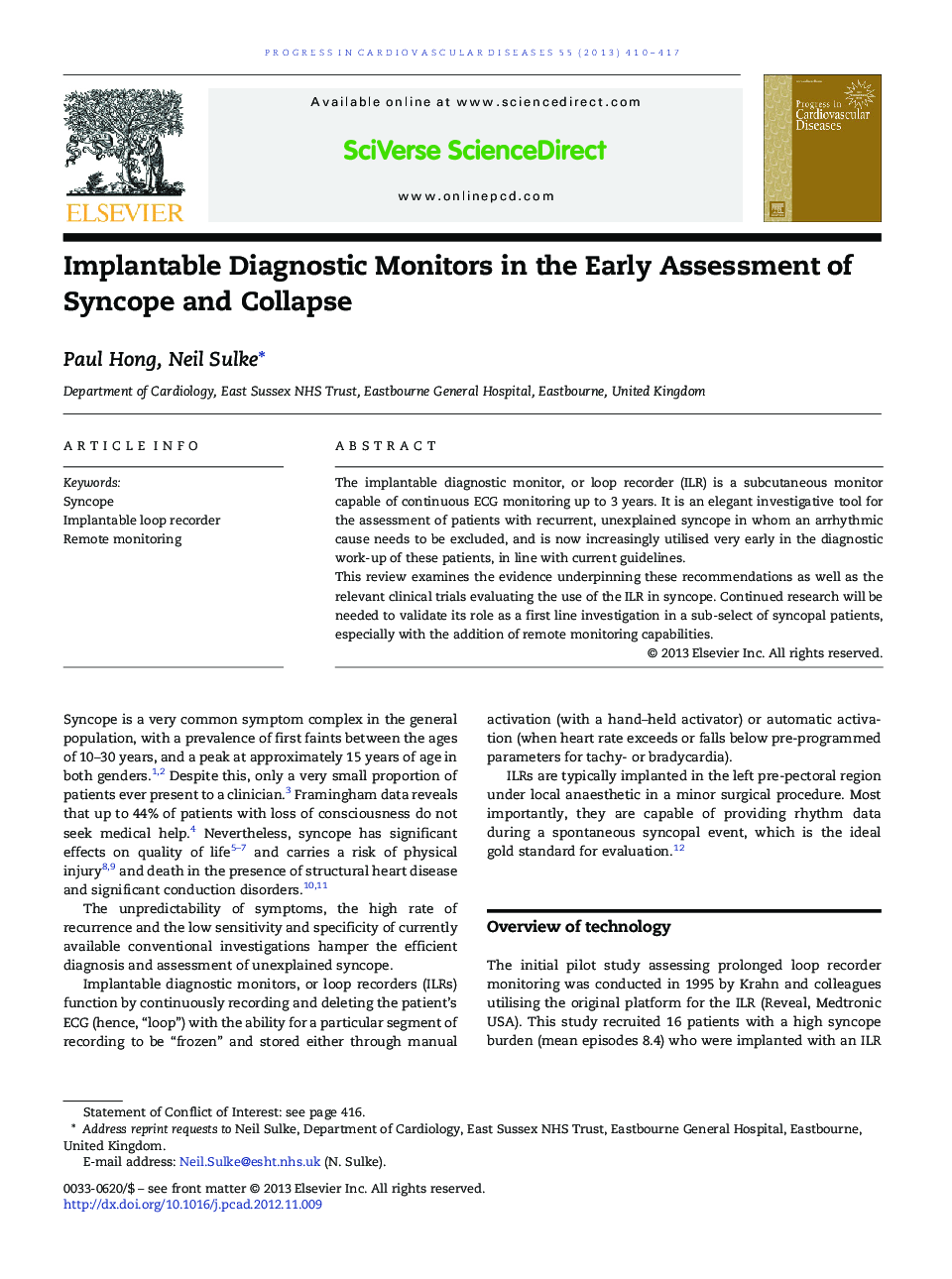 Implantable Diagnostic Monitors in the Early Assessment of Syncope and Collapse 