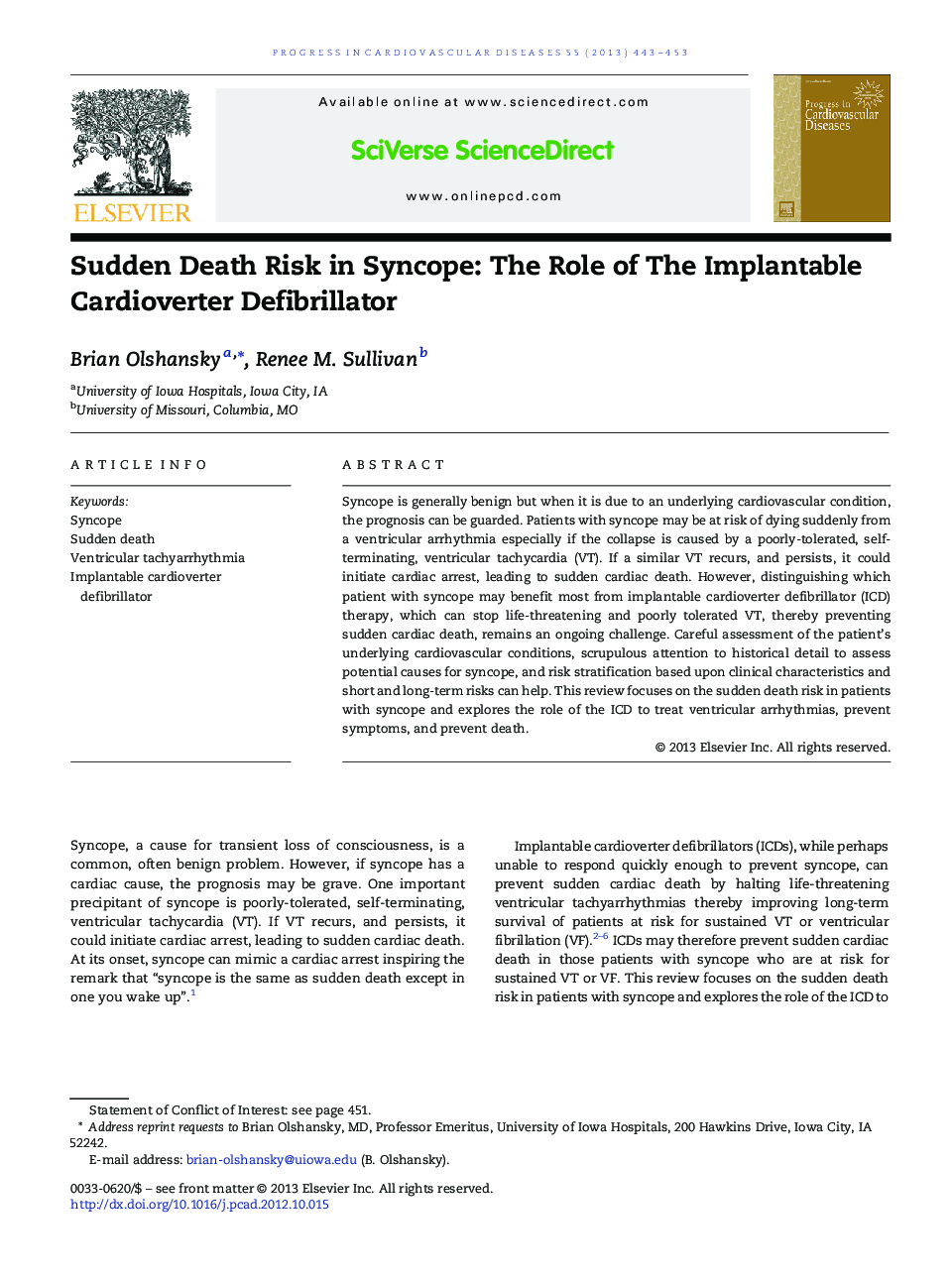 Sudden Death Risk in Syncope: The Role of The Implantable Cardioverter Defibrillator 