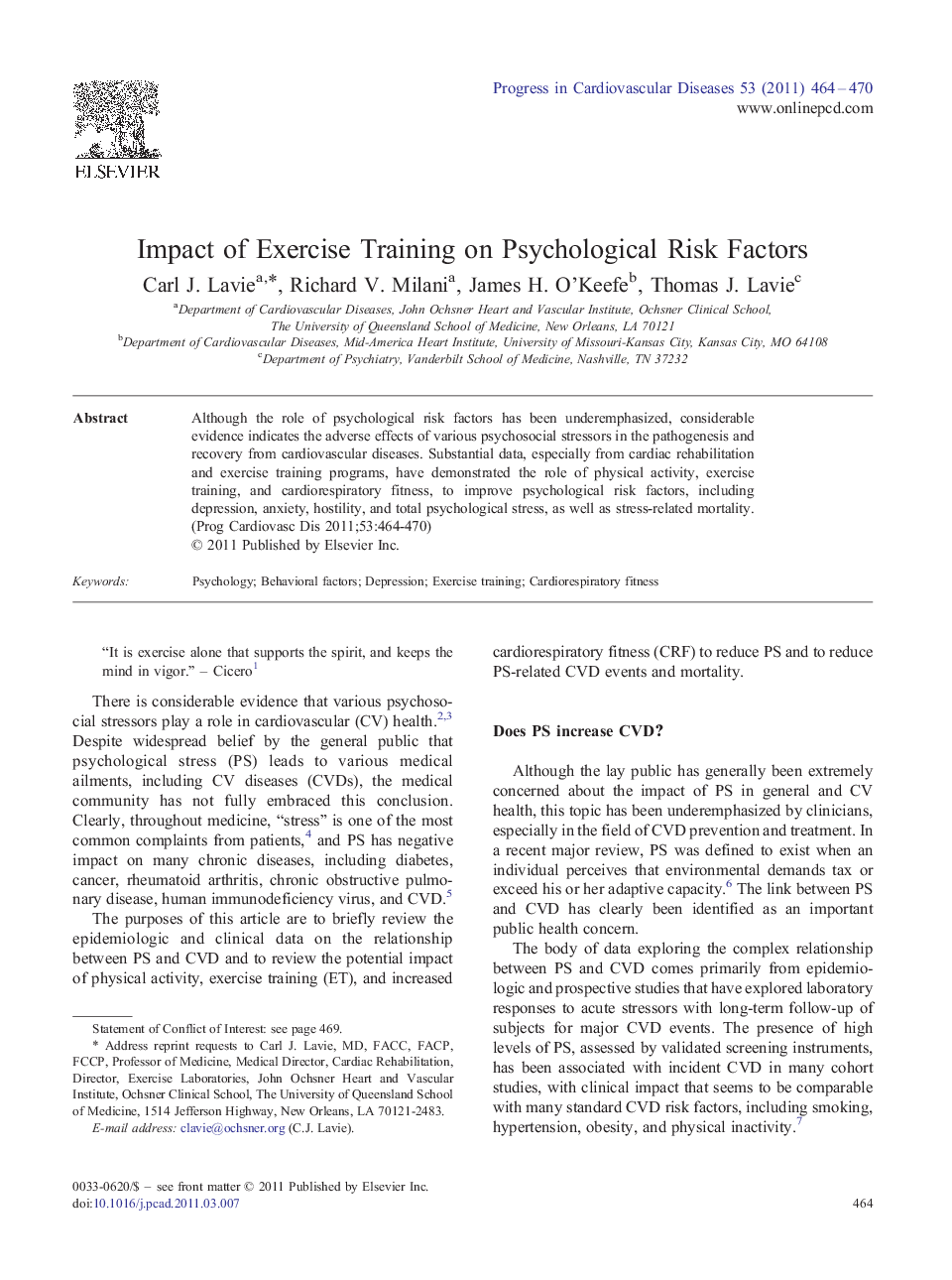 Impact of Exercise Training on Psychological Risk Factors 