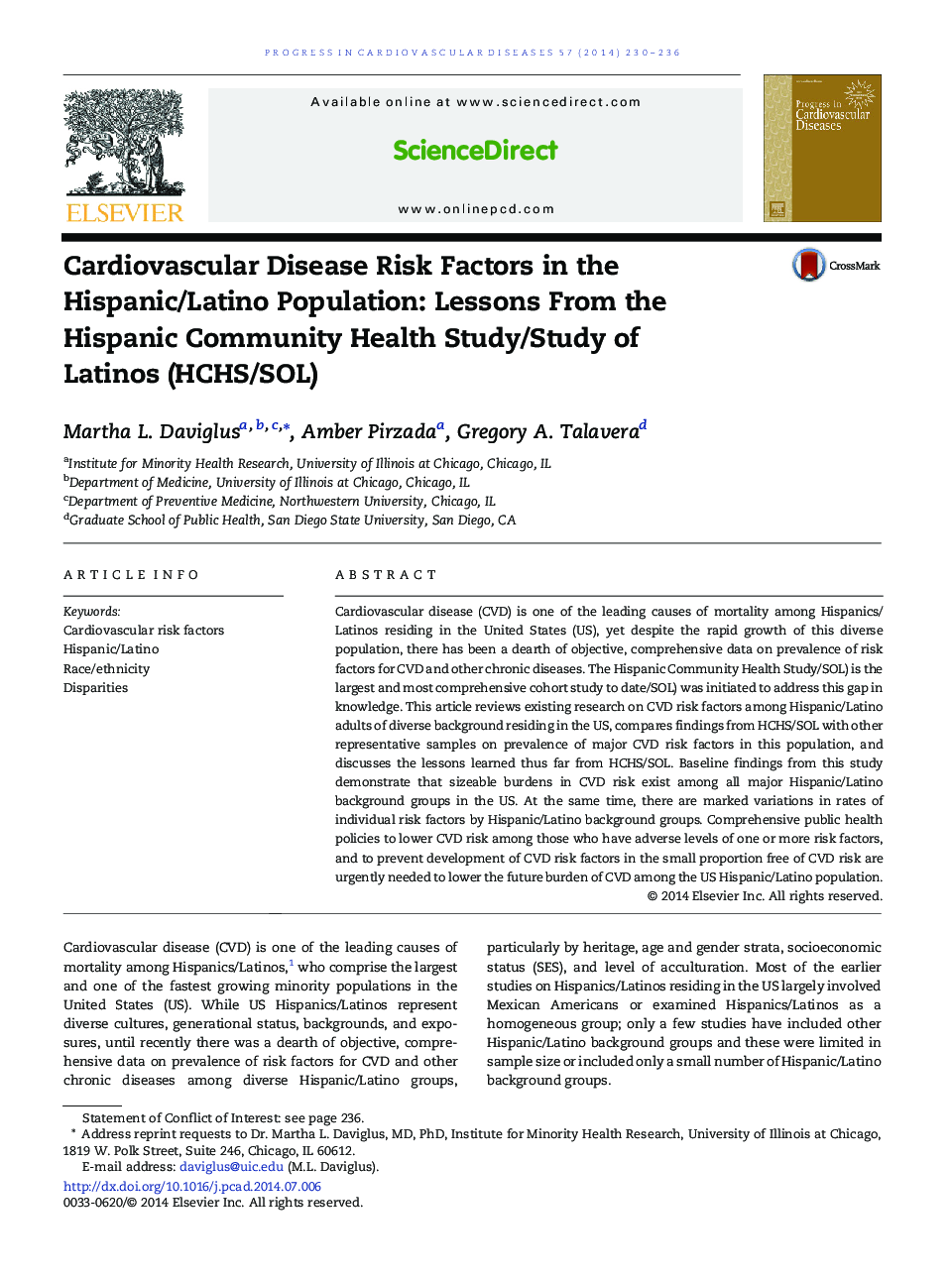 Cardiovascular Disease Risk Factors in the Hispanic/Latino Population: Lessons From the Hispanic Community Health Study/Study of Latinos (HCHS/SOL) 