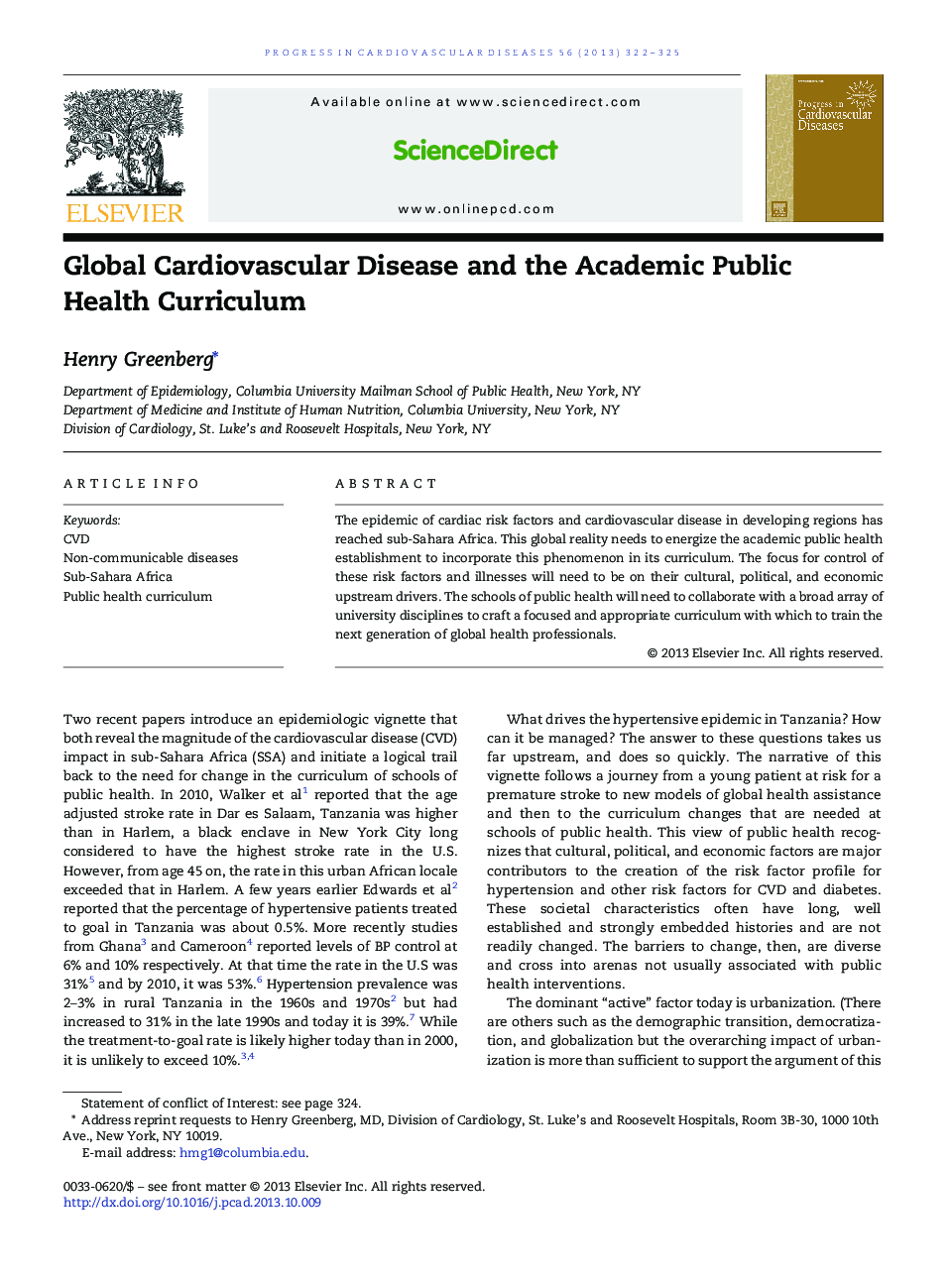 Global Cardiovascular Disease and the Academic Public Health Curriculum 