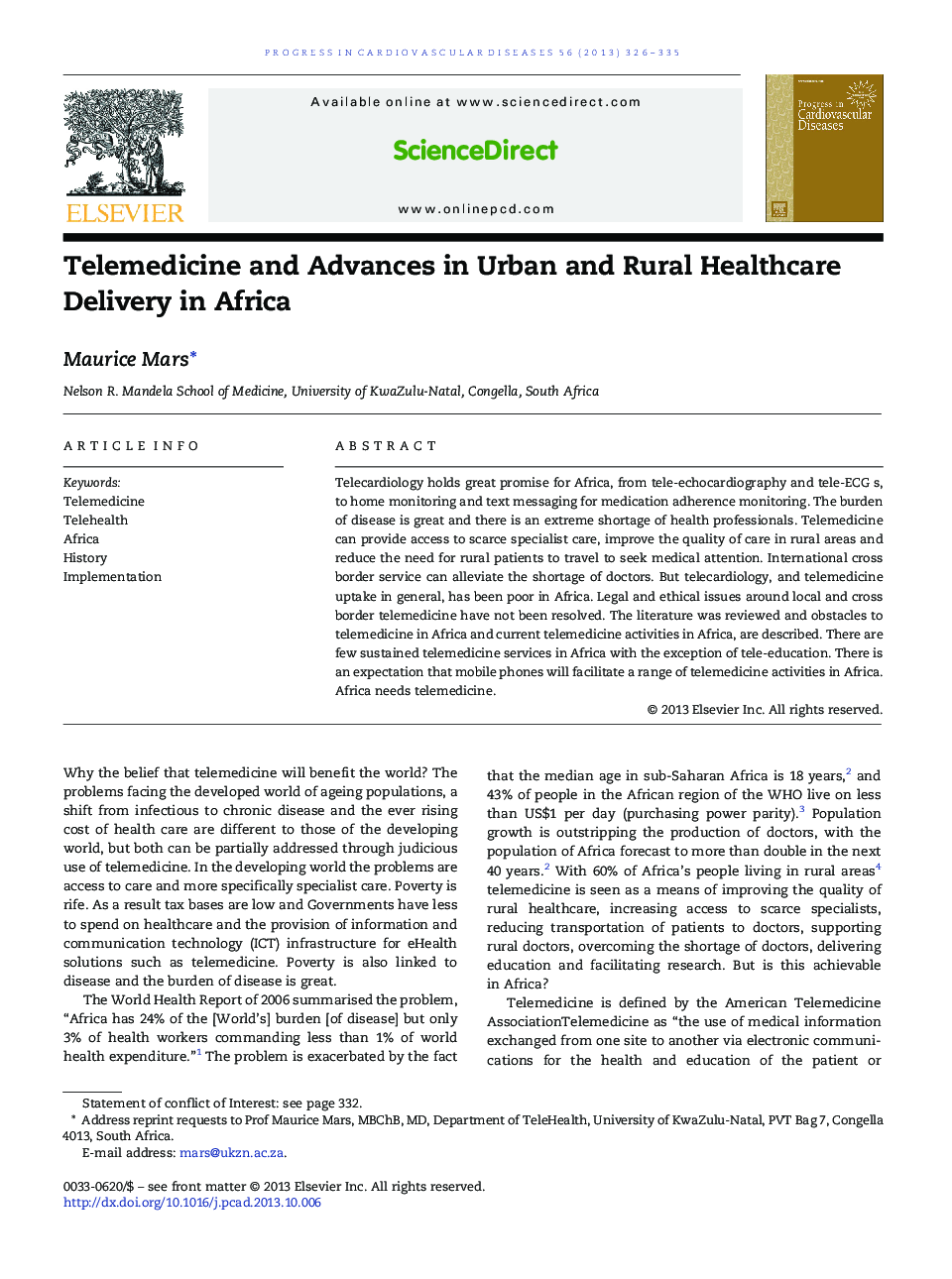 Telemedicine and Advances in Urban and Rural Healthcare Delivery in Africa 