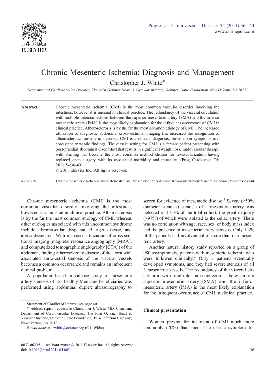 Chronic Mesenteric Ischemia: Diagnosis and Management 