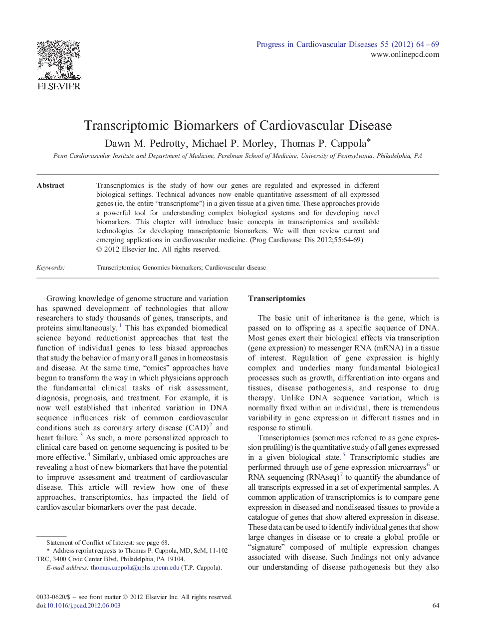 Transcriptomic Biomarkers of Cardiovascular Disease 