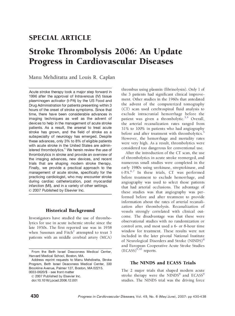 Stroke Thrombolysis 2006: An Update Progress in Cardiovascular Diseases