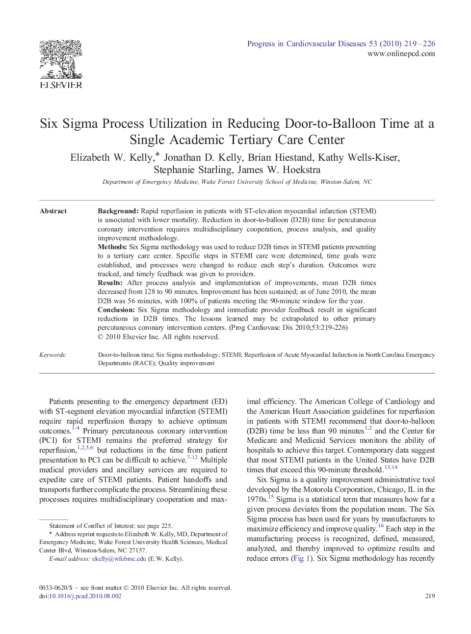 Six Sigma Process Utilization in Reducing Door-to-Balloon Time at a Single Academic Tertiary Care Center 