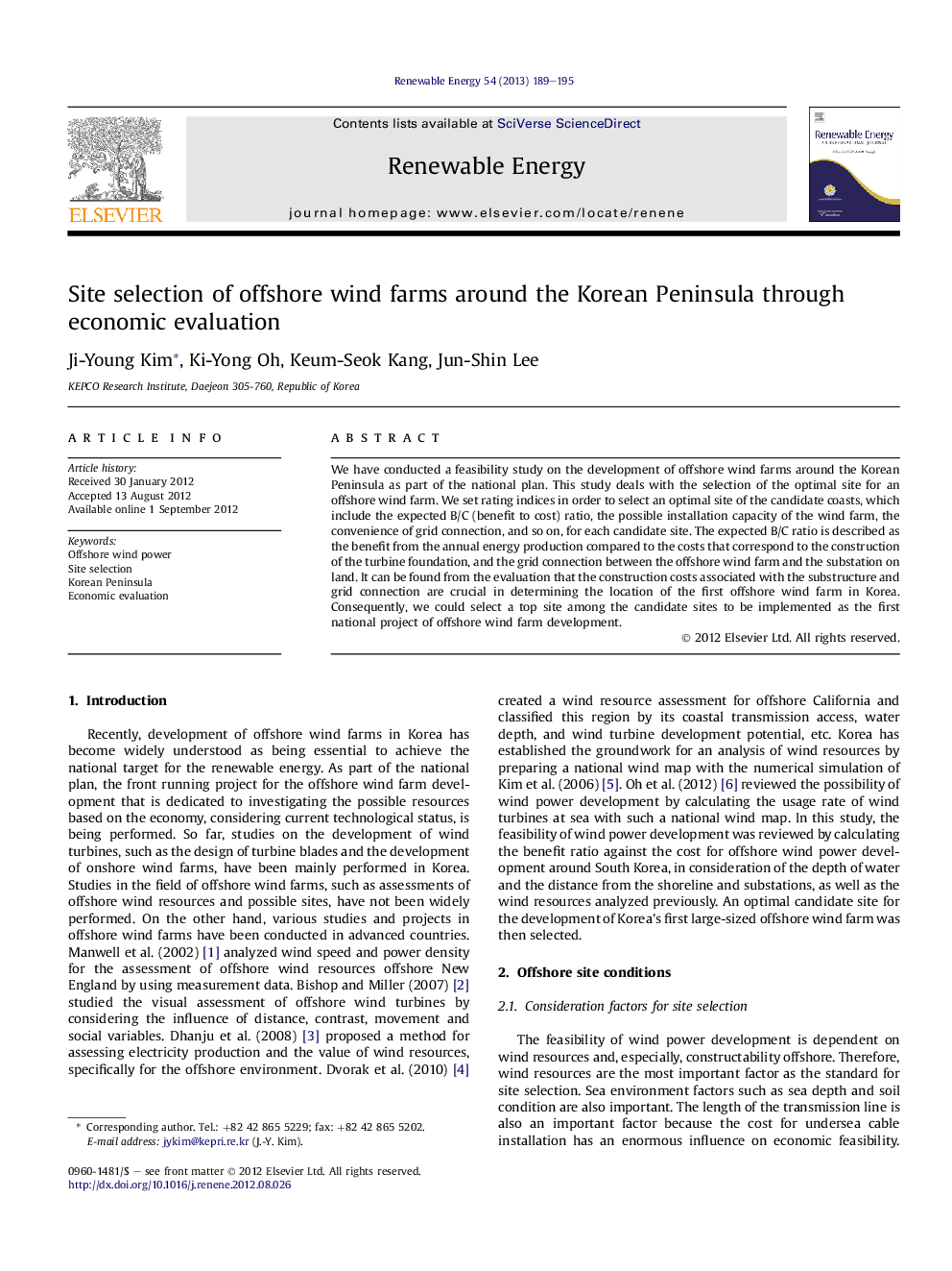 Site selection of offshore wind farms around the Korean Peninsula through economic evaluation